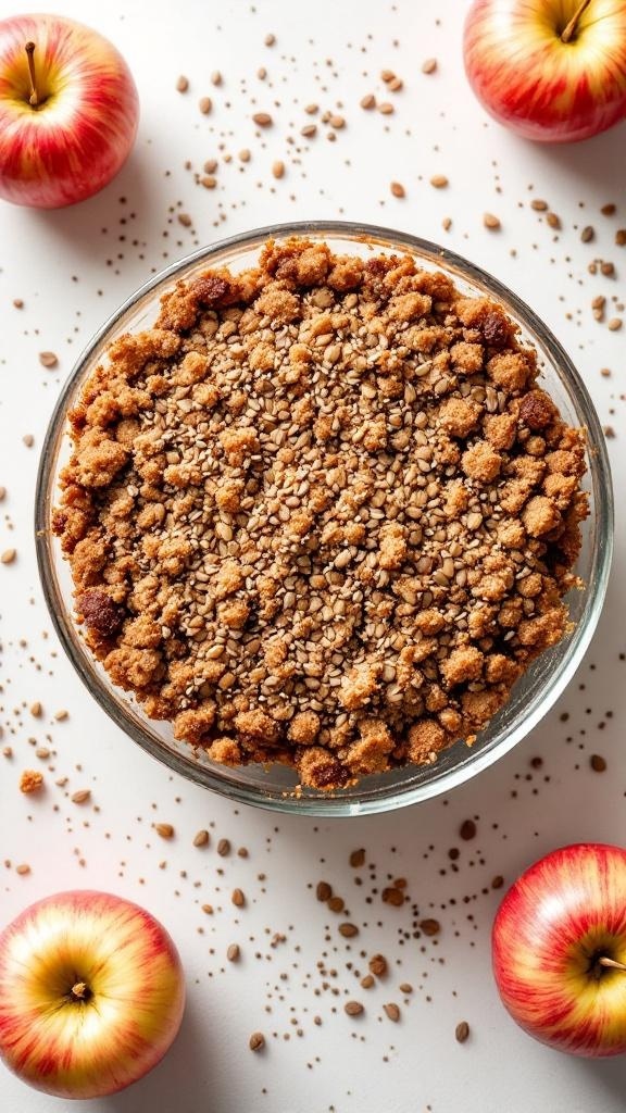 A delicious chia seed apple crisp topped with a crunchy layer, surrounded by fresh apples.