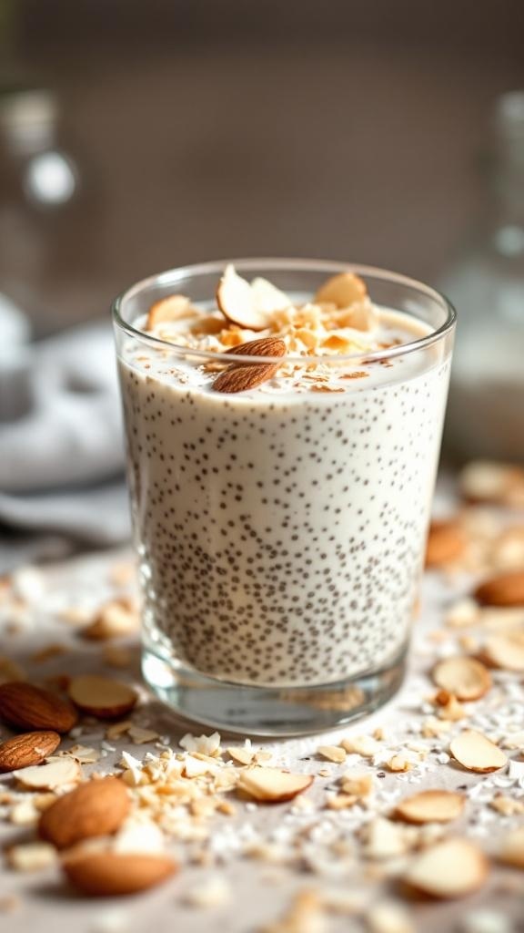 Chia seed pudding topped with almonds and coconut flakes in a glass