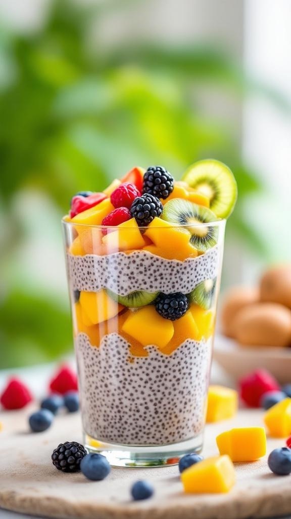 Chia seed pudding layered with fruits like mango, kiwi, blackberries, and raspberries in a glass.