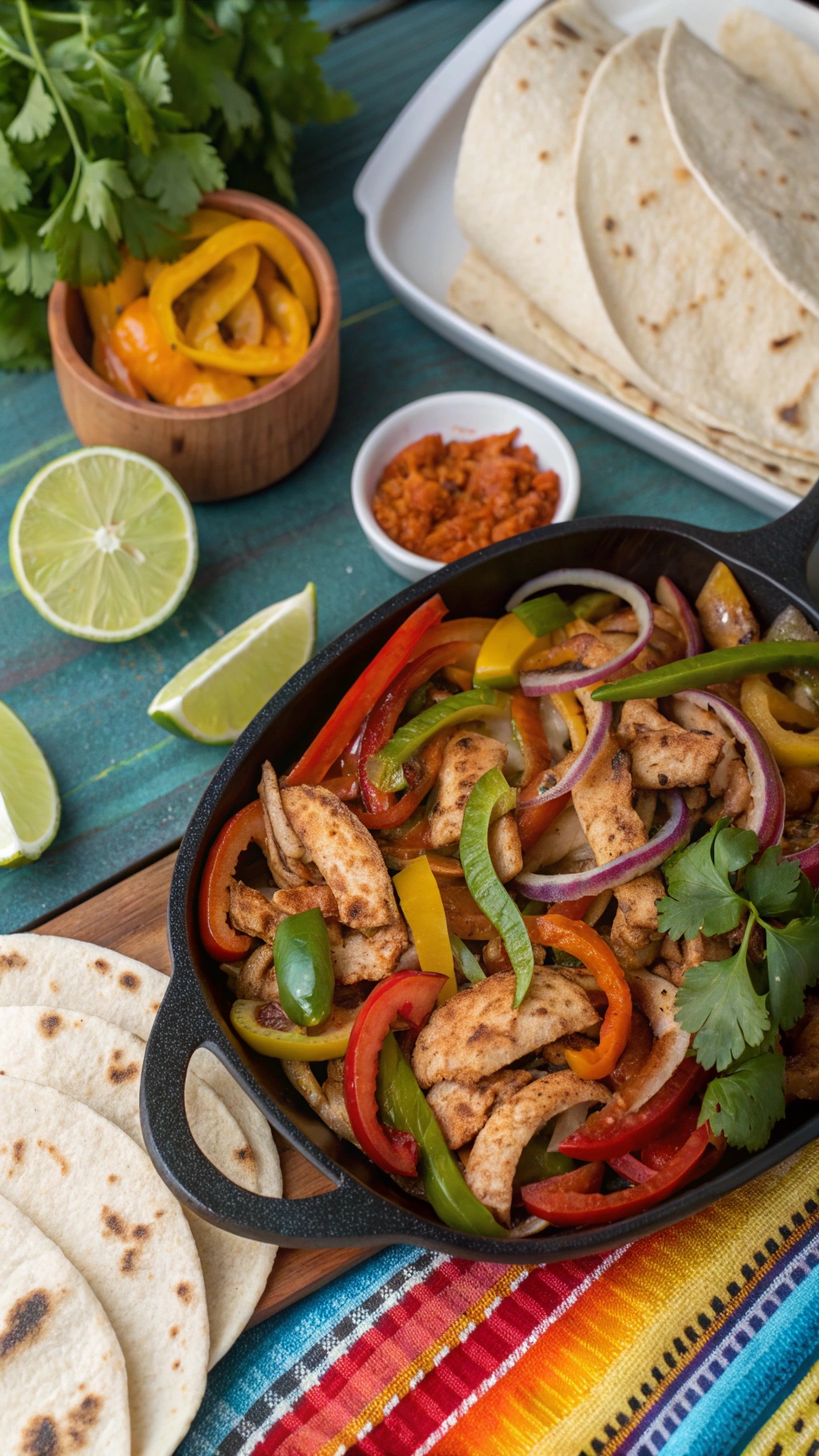 A colorful plate of chicken fajitas with bell peppers, tortillas, lime, and salsa.