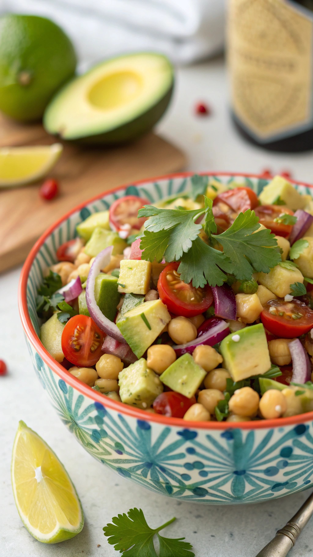 A colorful bowl of chickpea and avocado salad with cherry tomatoes and cilantro.