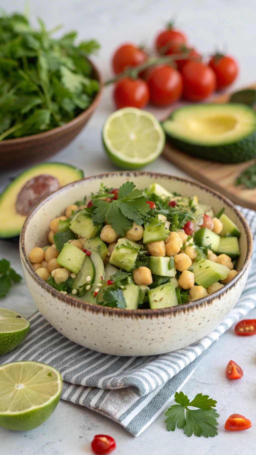 Chickpea and avocado salad with fresh herbs, cucumbers, and lime.