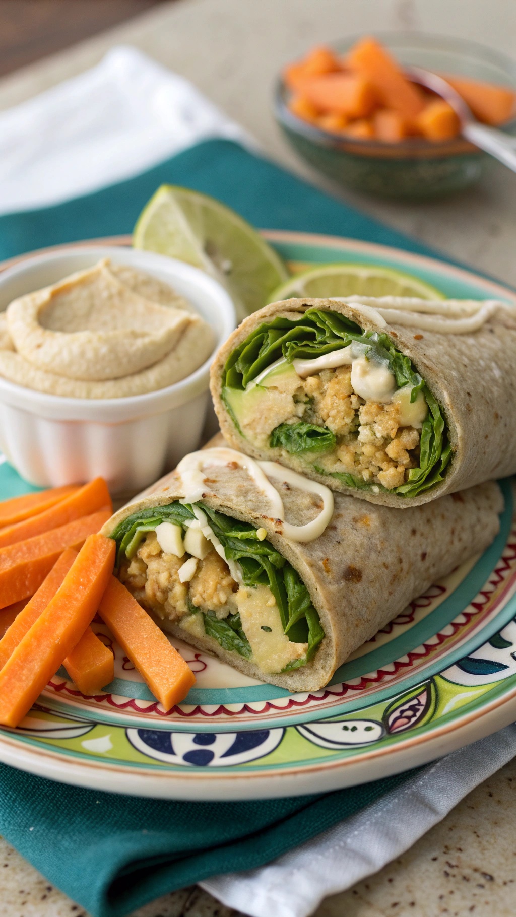 Chickpea and avocado wrap with tahini dressing served with carrot sticks