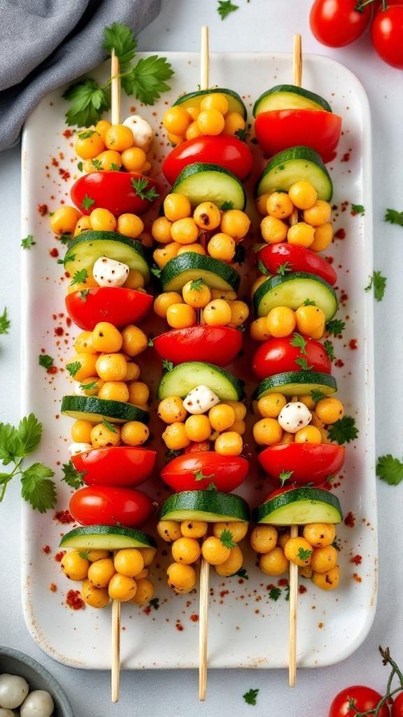 Colorful chickpea salad skewers with cherry tomatoes, cucumber, and chickpeas on a white plate