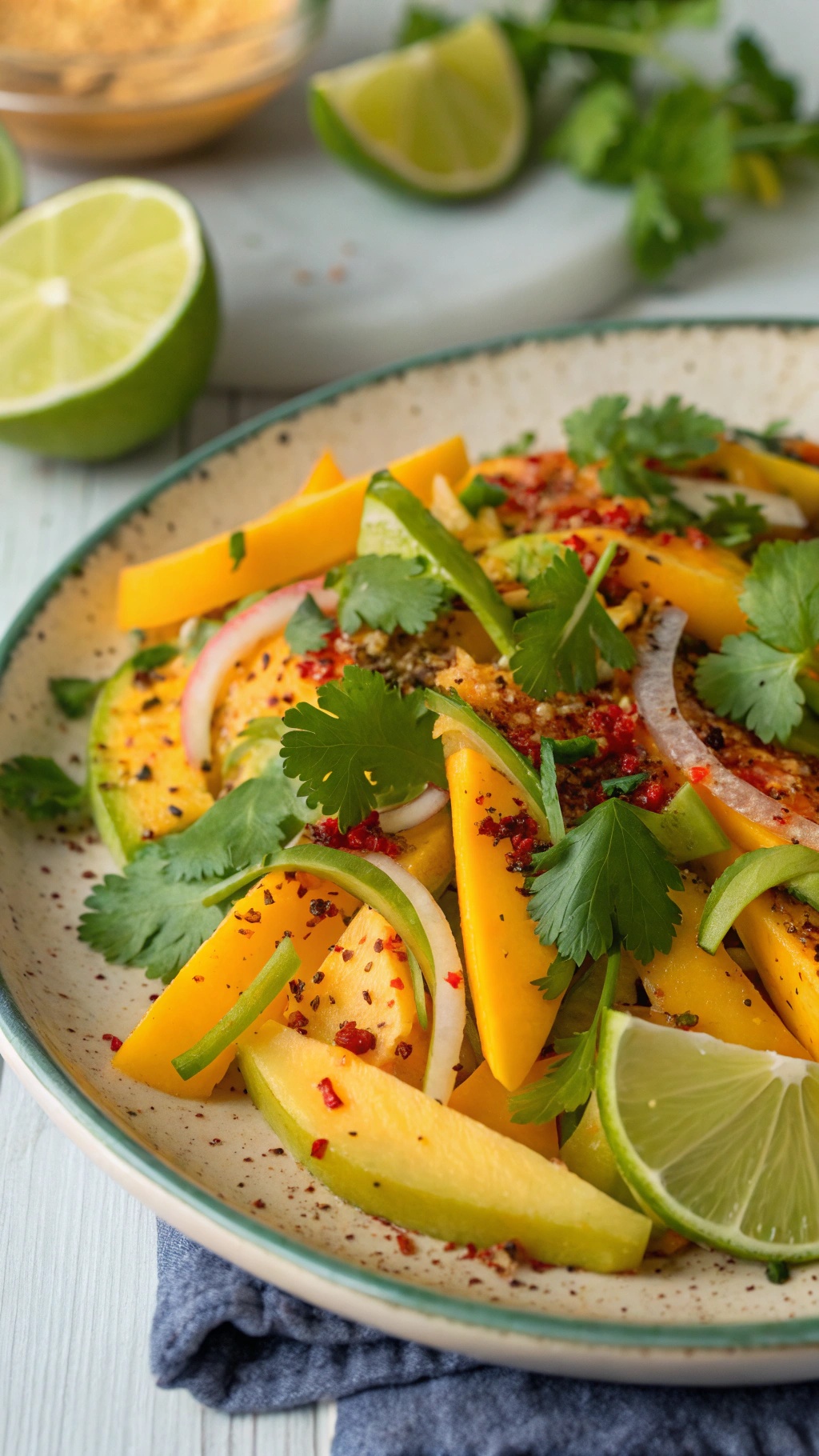A vibrant chili-lime mango salad with mango slices, green peppers, cilantro, and lime wedges on a plate.