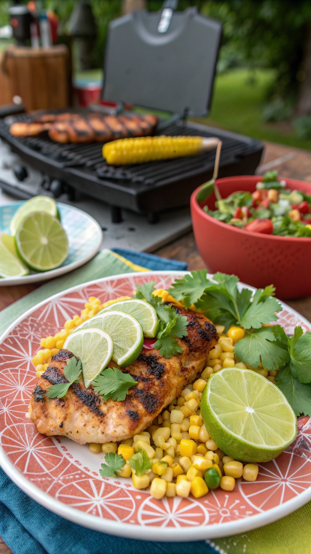 A plate of chili lime chicken breast served with corn and garnished with lime slices and cilantro.