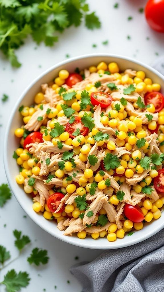 A colorful bowl of chili lime rotisserie chicken and corn salad, garnished with cilantro and cherry tomatoes.