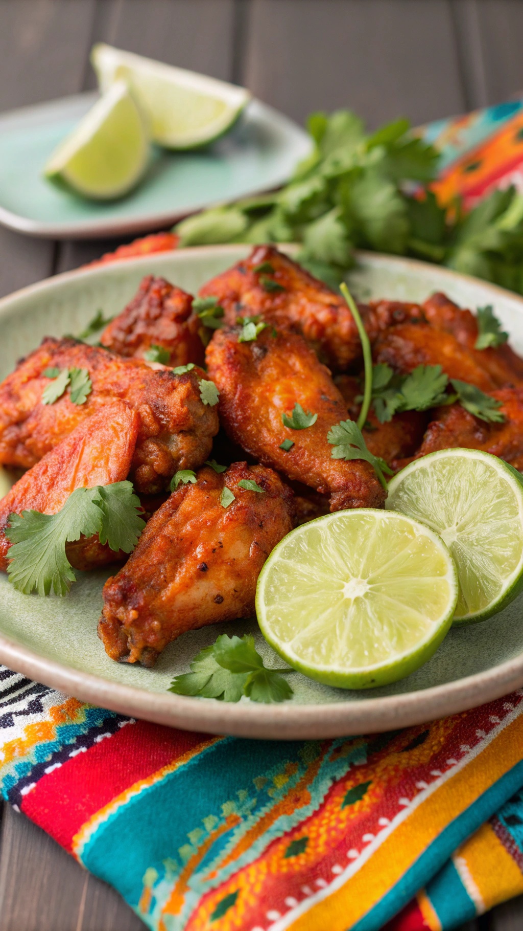 A plate of chili lime chicken wings garnished with cilantro and lime slices, served on a colorful patterned cloth.