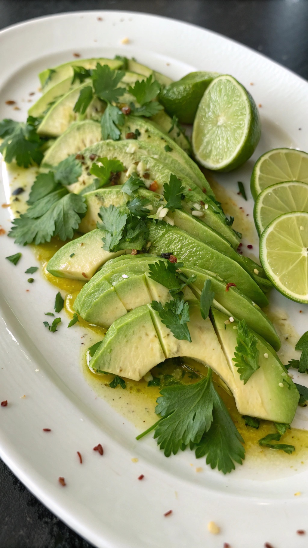 Chilled avocado and lime salad with cilantro and lime wedges