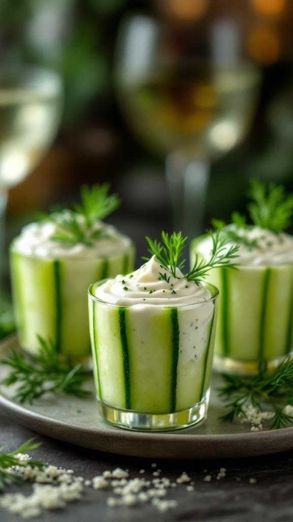 Chilled cucumber cups filled with creamy dill dip, garnished with fresh dill, on a plate with wine glasses in the background.