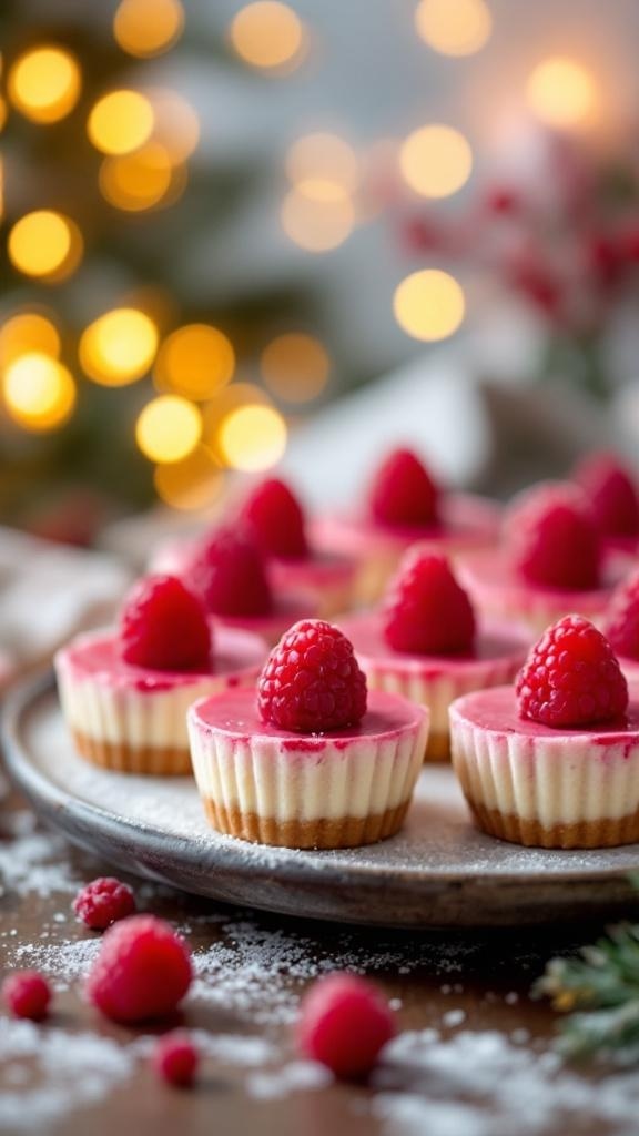 Chilled raspberry cheesecake bites topped with fresh raspberries on a plate, with a festive background.