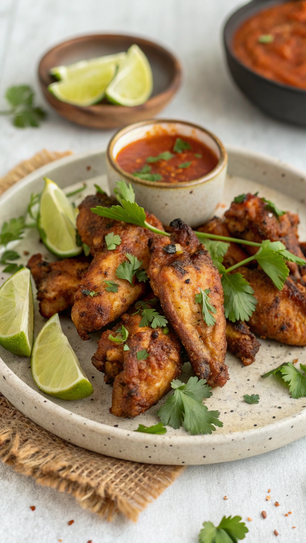 Plate of Chipotle-Lime Chicken Wings garnished with cilantro and lime wedges