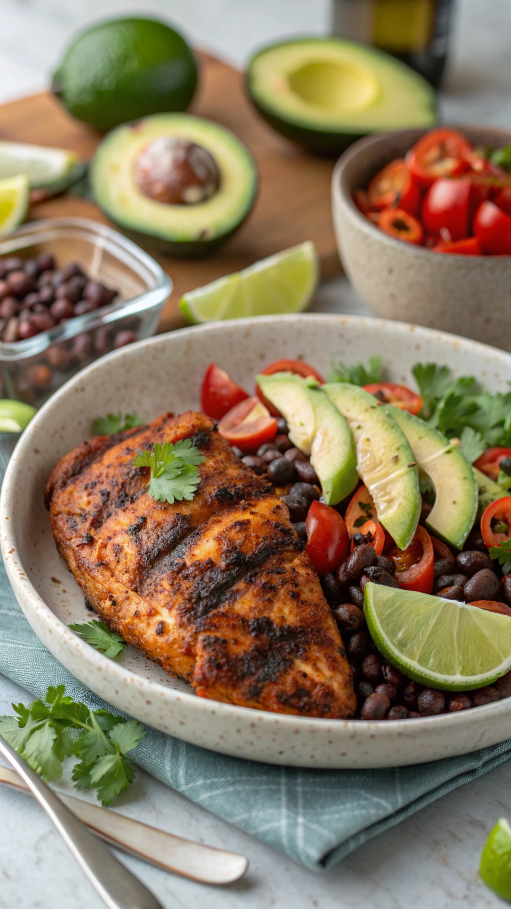 Grilled chipotle lime chicken breast served with black beans, avocado, and cherry tomatoes.