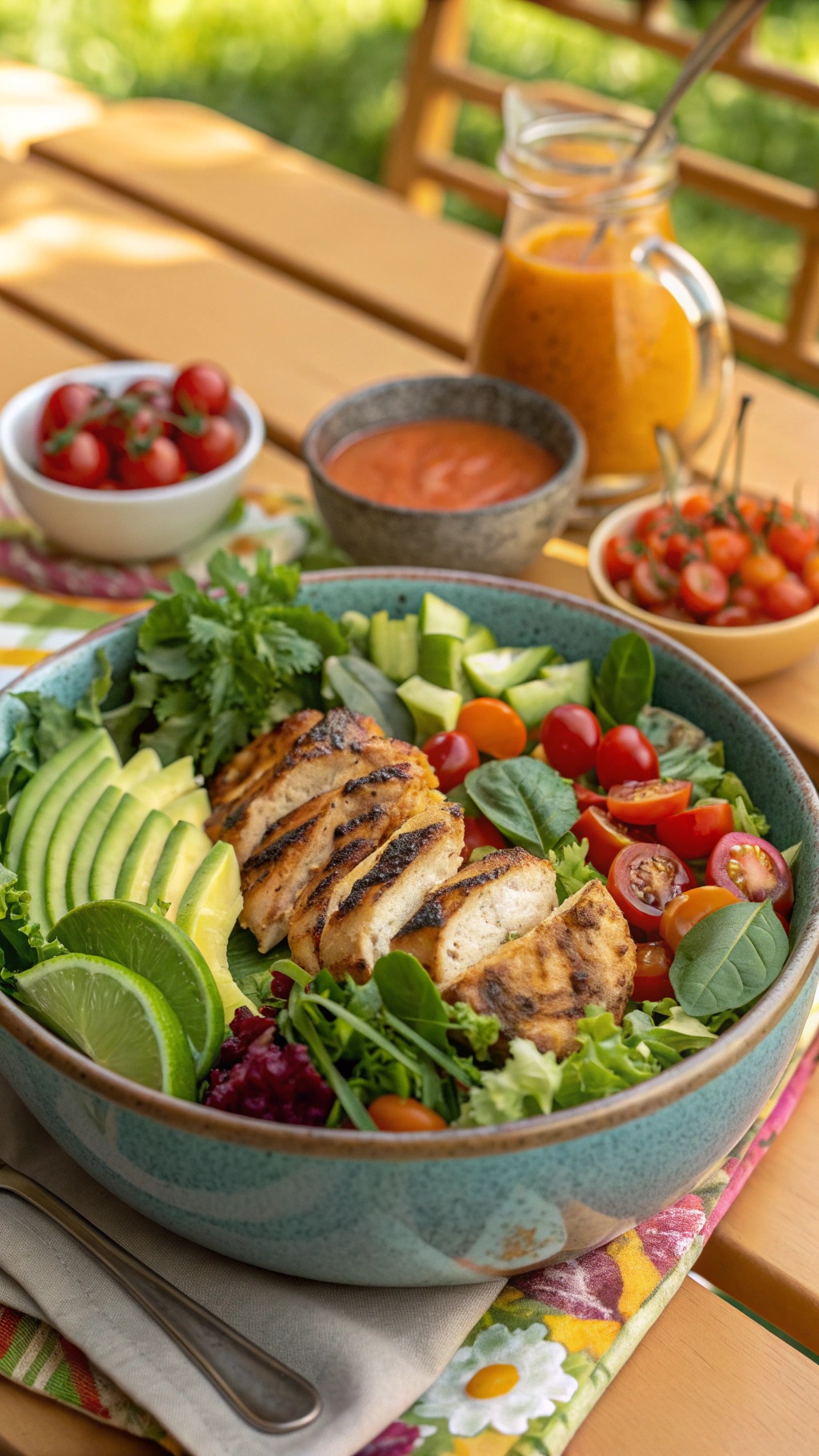 A colorful bowl of Chipotle Lime Grilled Chicken Salad with fresh ingredients and grilled chicken slices.