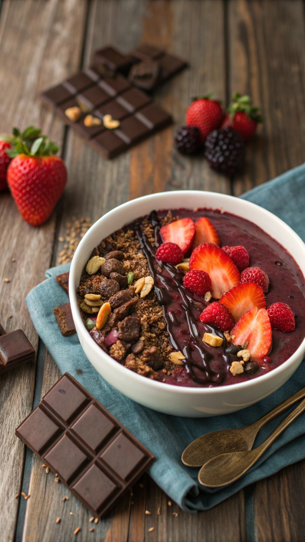 Choco-Berry Crunch Smoothie Bowl with strawberries, raspberries, and chocolate on a wooden table