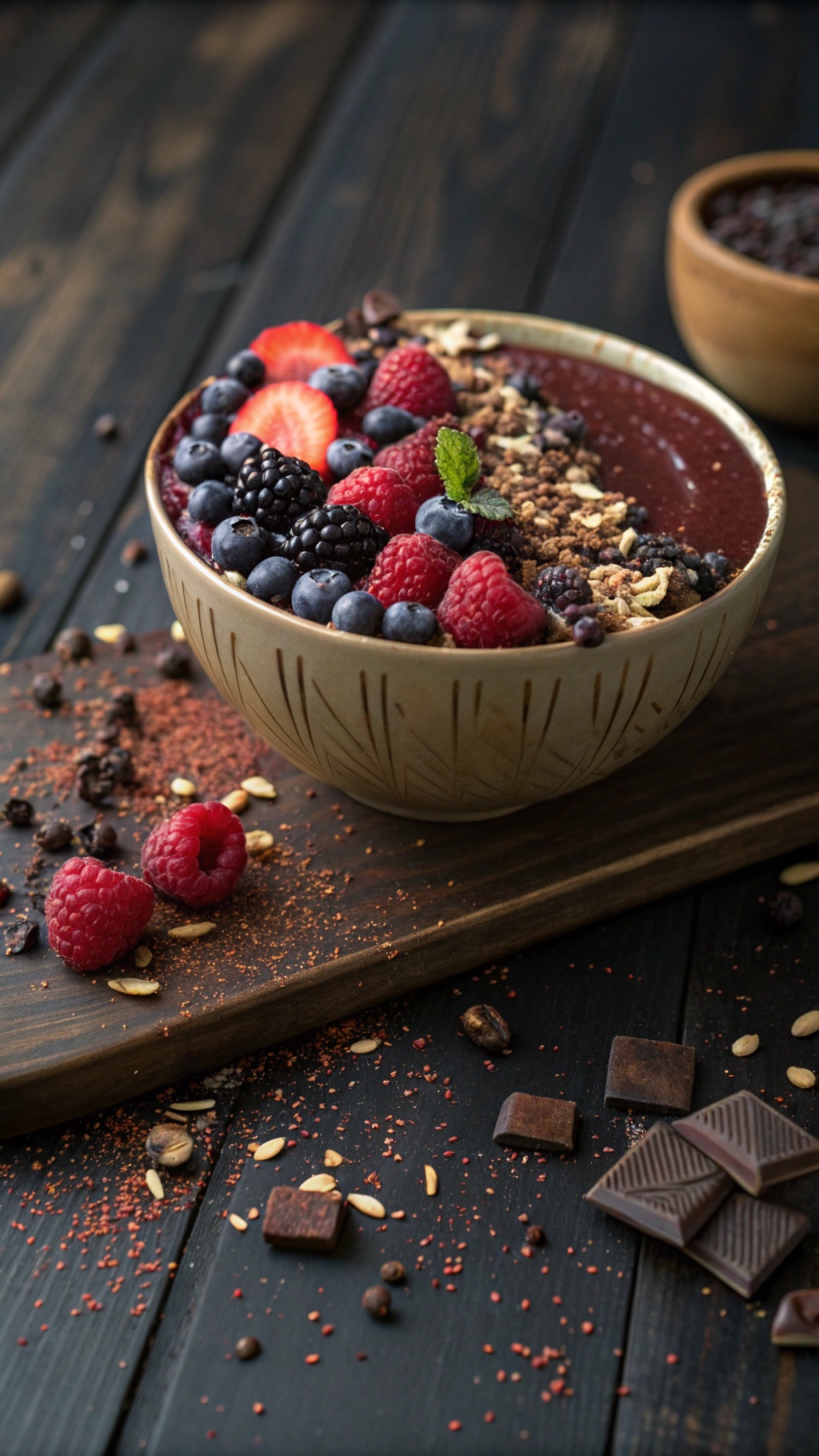 A beautifully arranged chocolate acai bowl topped with fresh berries, granola, and chocolate shavings.