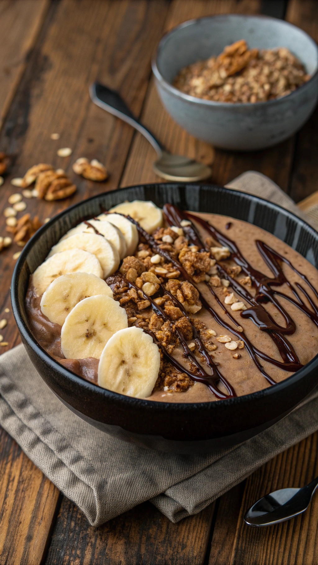 A delicious Choco-Nut Crunch smoothie bowl topped with banana slices, granola, and chocolate syrup.