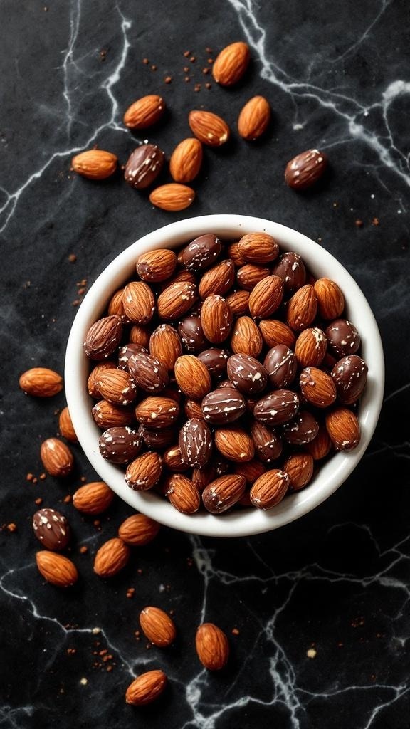 A bowl of chocolate-covered almonds on a dark marble surface