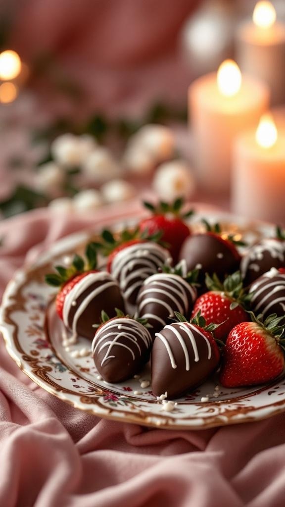 A plate of chocolate-covered strawberries with white chocolate drizzle, surrounded by soft lighting and decorative elements.