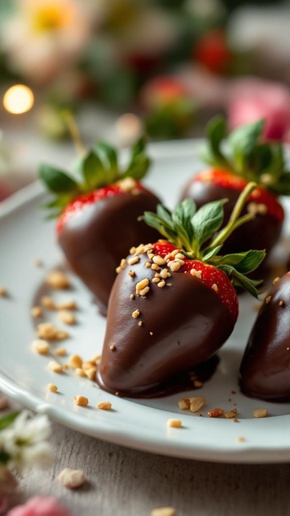 Chocolate-dipped strawberries on a plate, garnished with nuts