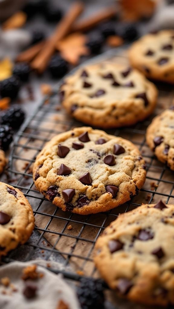 Freshly baked blackberry chocolate chip cookies on a cooling rack