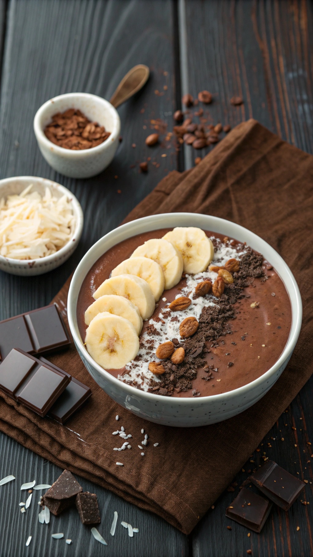 A delicious chocolate banana smoothie bowl topped with banana slices, chocolate shavings, nuts, and coconut flakes.