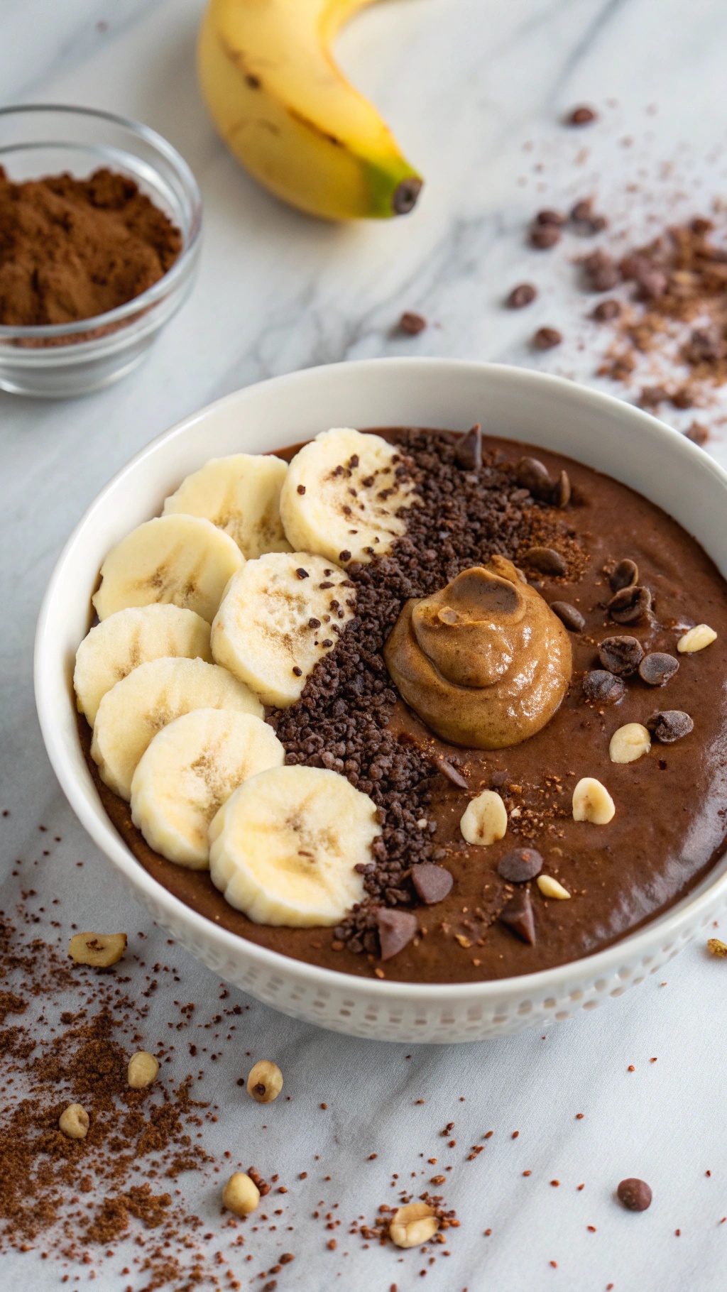 A chocolate banana smoothie bowl topped with sliced bananas, chocolate chips, and nut butter.