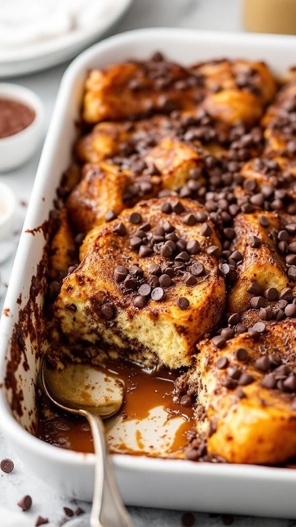 Chocolate Chip Overnight French Toast Casserole with chocolate chips on top