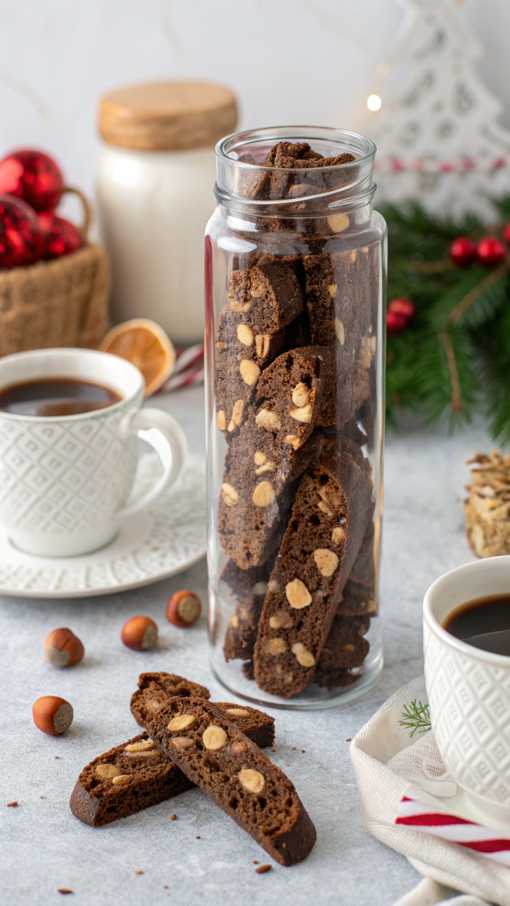 A jar of chocolate hazelnut biscotti next to a cup of coffee, with festive decorations in the background.
