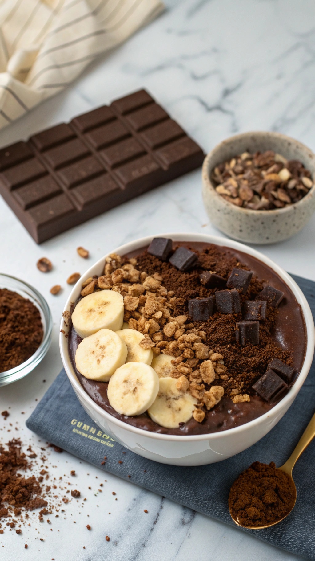 A delicious chocolate acai bowl topped with banana slices, granola, and chocolate chunks.