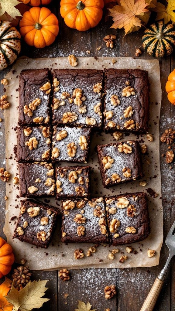 Dark Chocolate Pumpkin Brownies topped with walnuts, surrounded by pumpkins and autumn leaves.