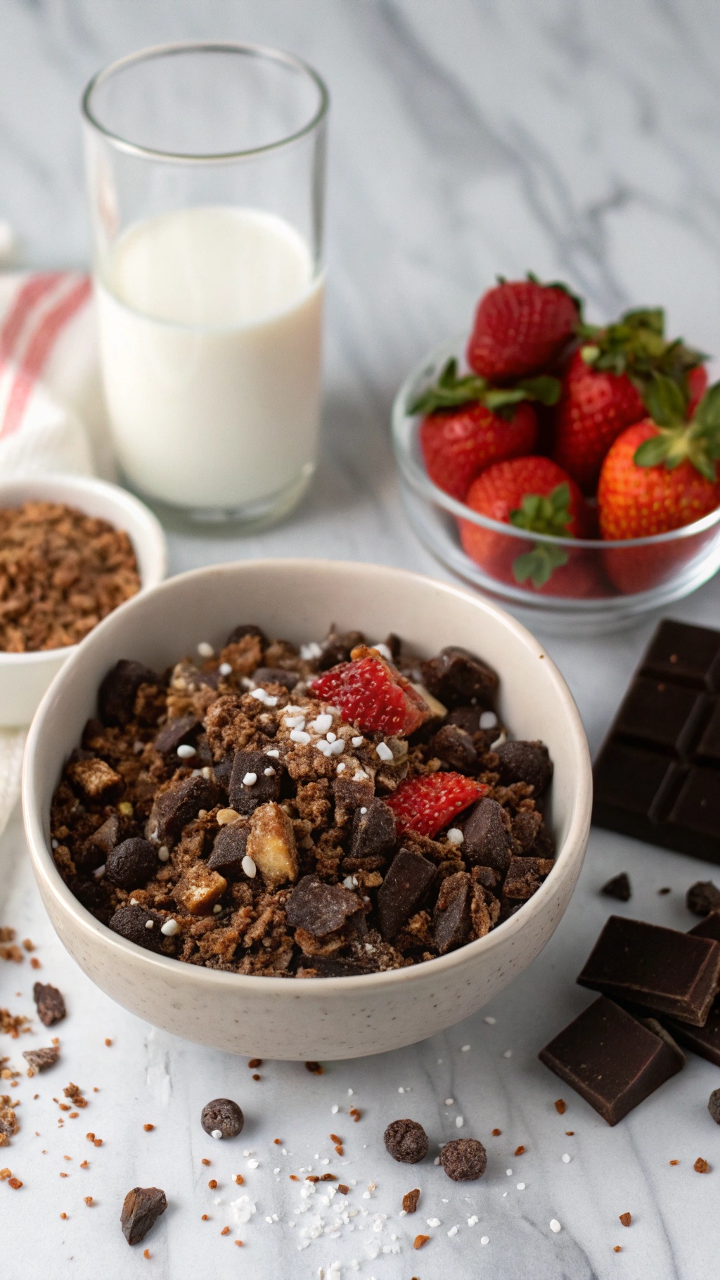 A bowl of dark chocolate granola topped with strawberries and a glass of milk.