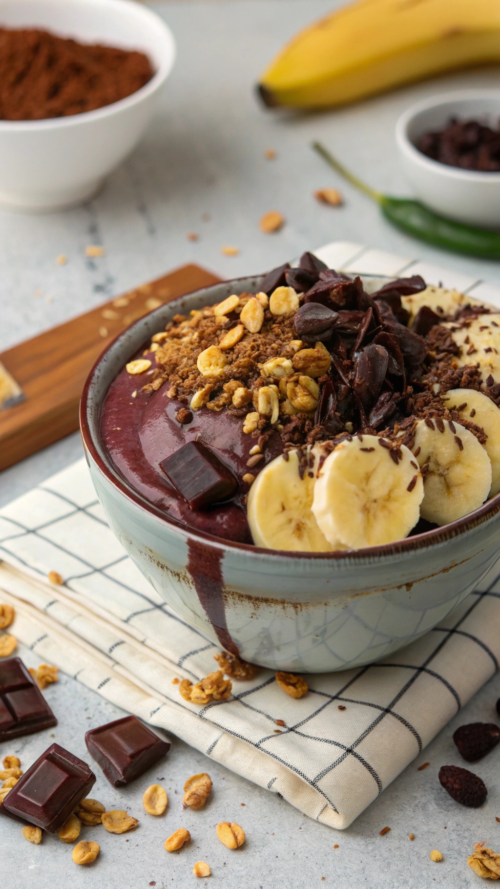 A delicious cacao acai bowl topped with banana slices, granola, and chocolate chips.