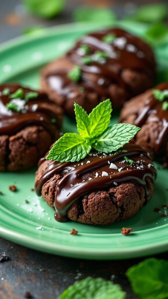 Chocolate Mint No Bake Cookies on a green plate