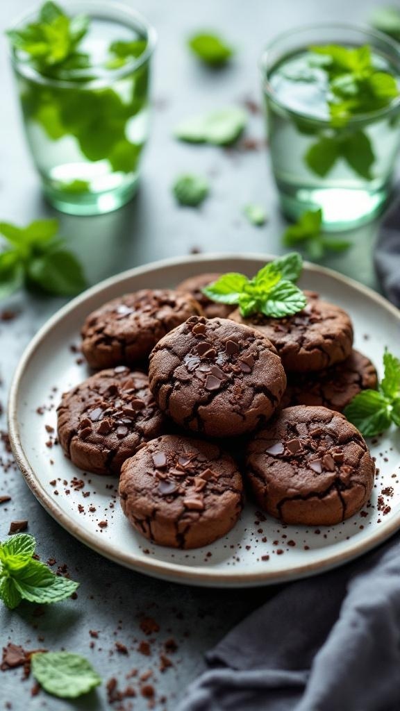 A plate of chocolate mint protein cookies garnished with fresh mint leaves, accompanied by glasses of mint-infused water.