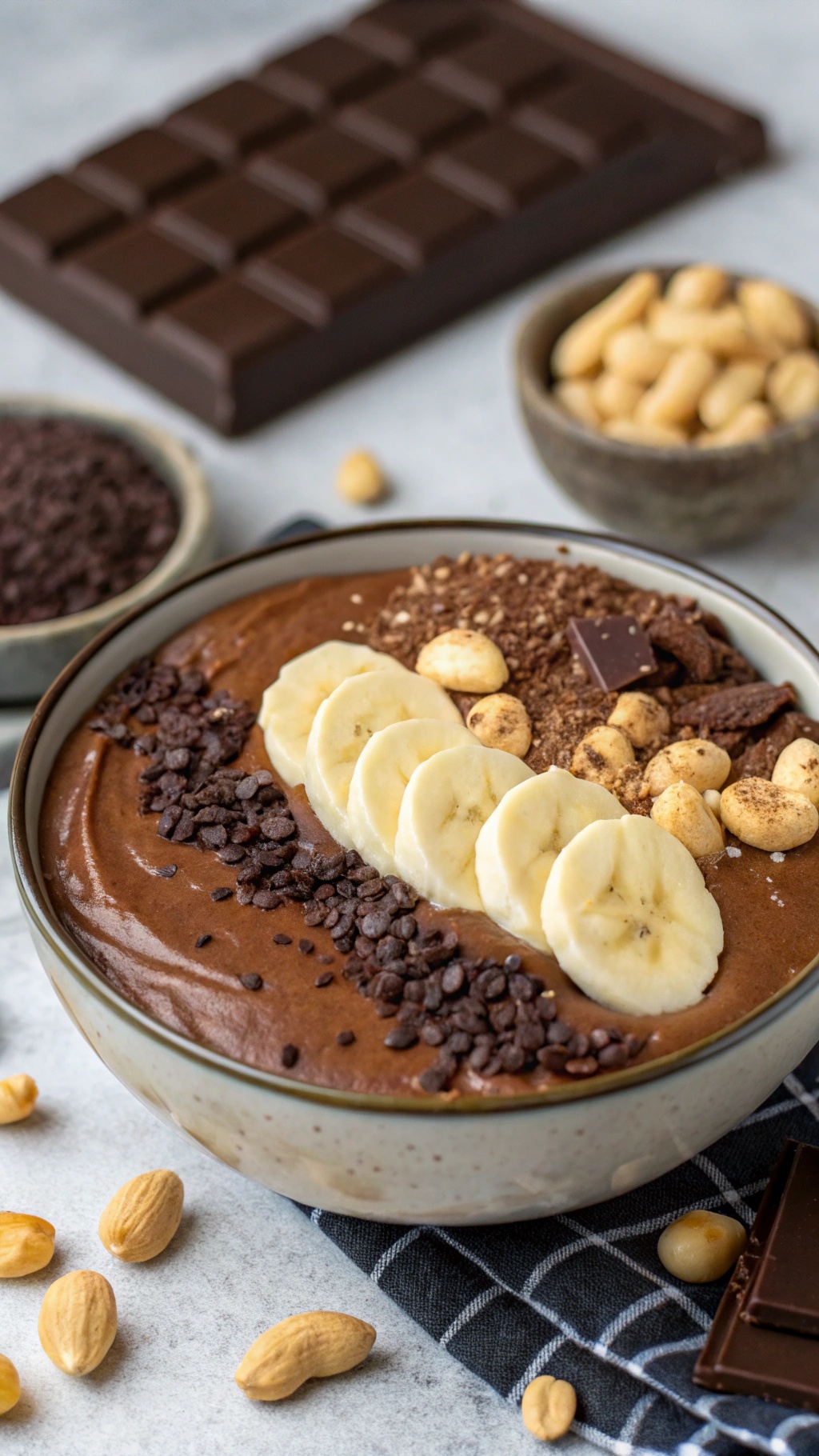 Chocolate Peanut Butter Bliss Bowl with banana slices, chocolate chips, and peanuts