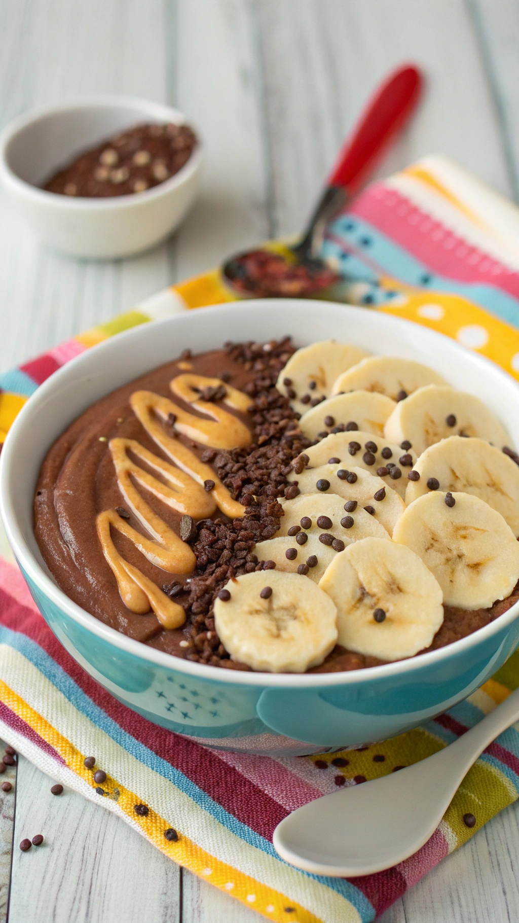 Chocolate Peanut Butter Bliss Smoothie Bowl with banana slices and chocolate chips on top.