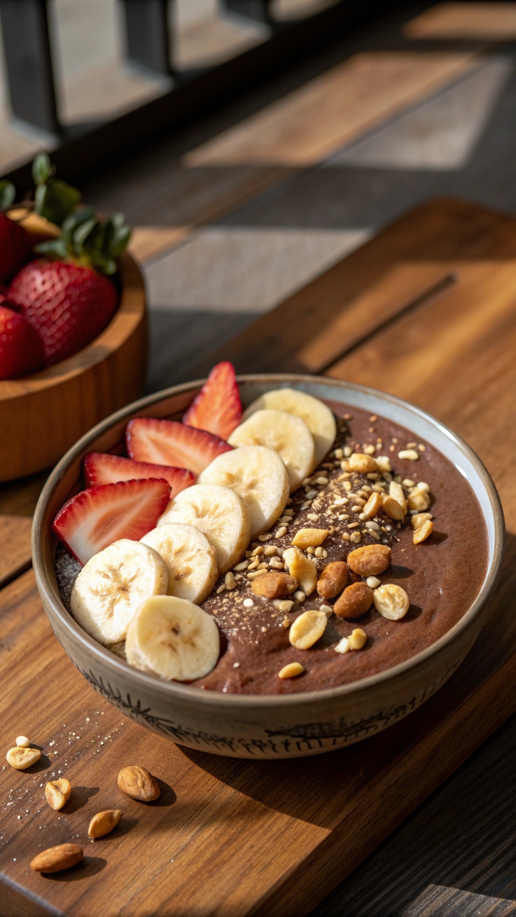 A chocolate peanut butter smoothie bowl topped with banana slices, strawberries, and peanuts.