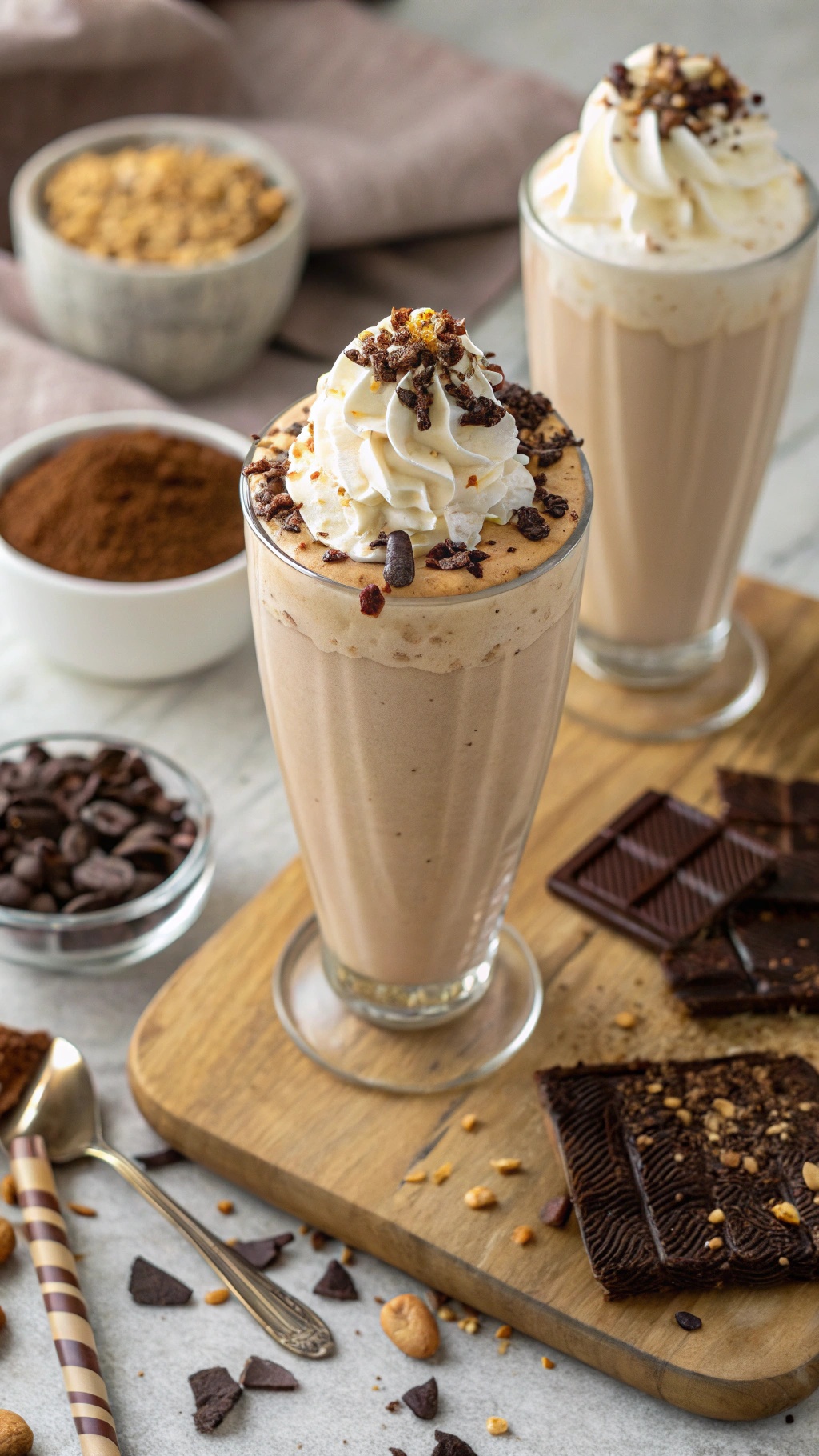 Chocolate peanut butter smoothie topped with whipped cream and chocolate bits