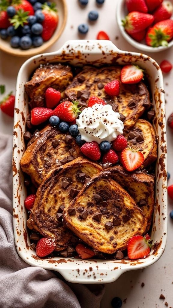 A delicious Chocolate Protein French Toast Bake topped with strawberries, blueberries, and whipped cream.