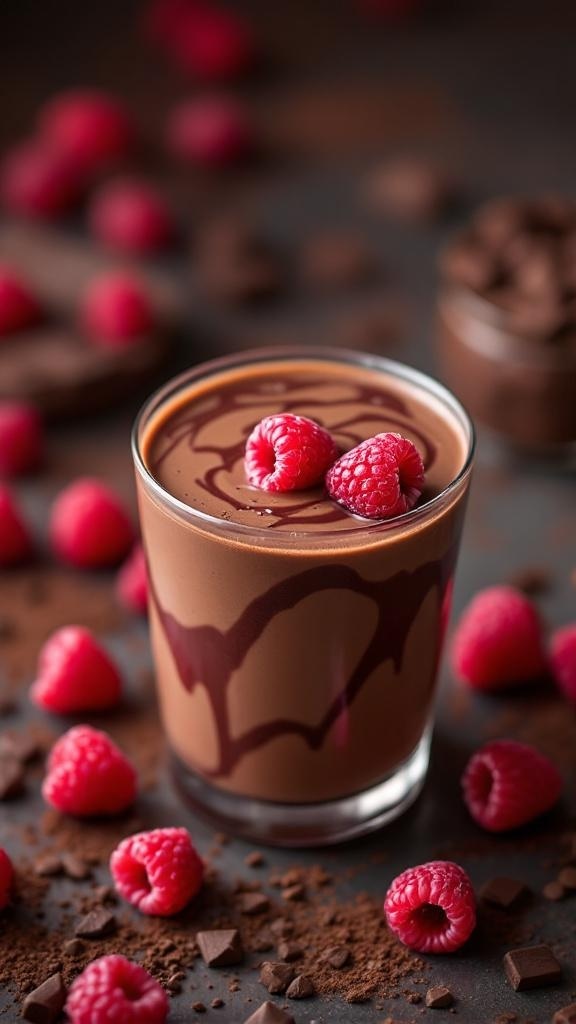 A glass of chocolate raspberry smoothie topped with fresh raspberries and surrounded by chocolate pieces and raspberries.