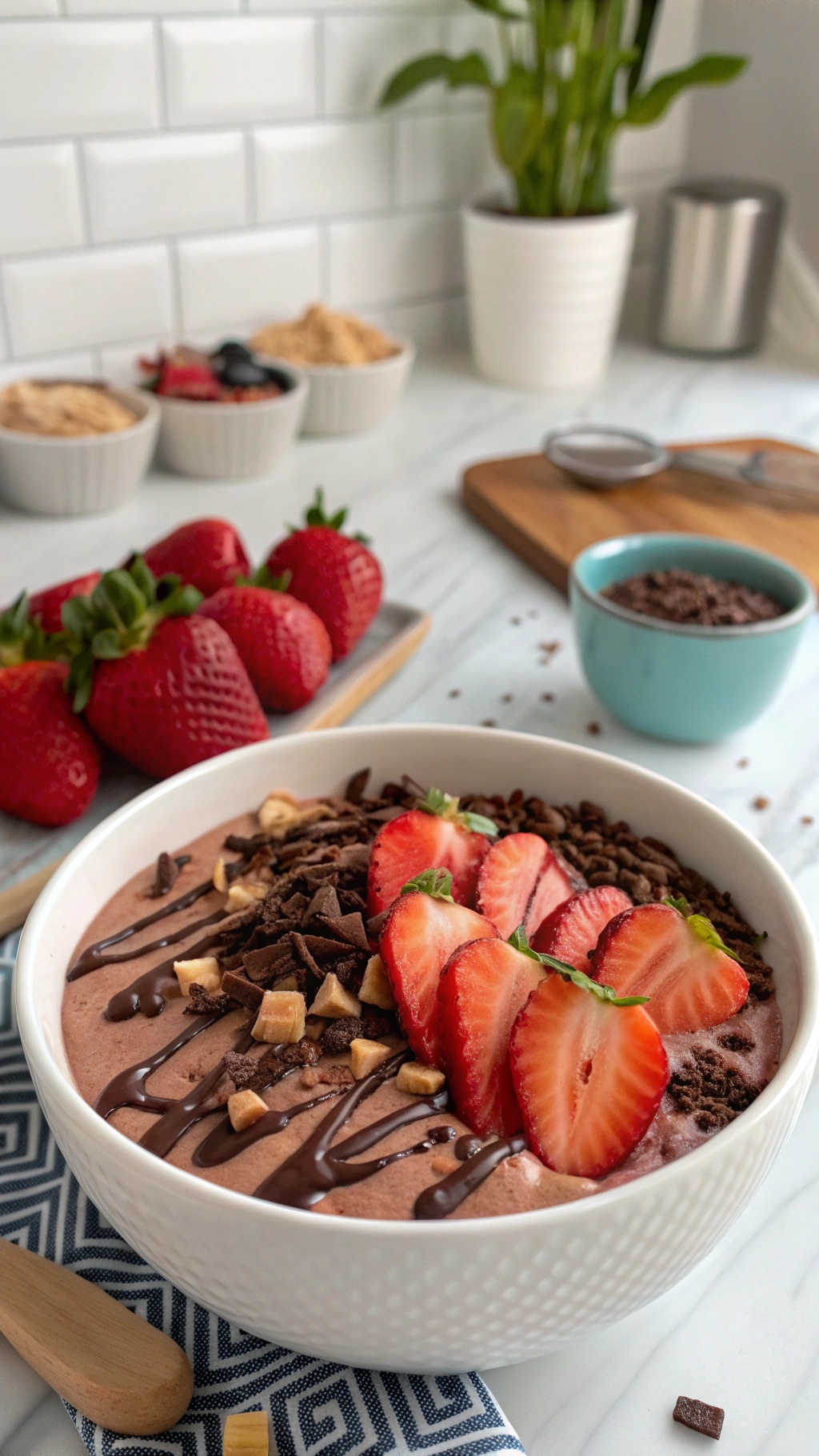 A chocolate strawberry smoothie bowl topped with fresh strawberries and chocolate shavings, set against a bright kitchen background.