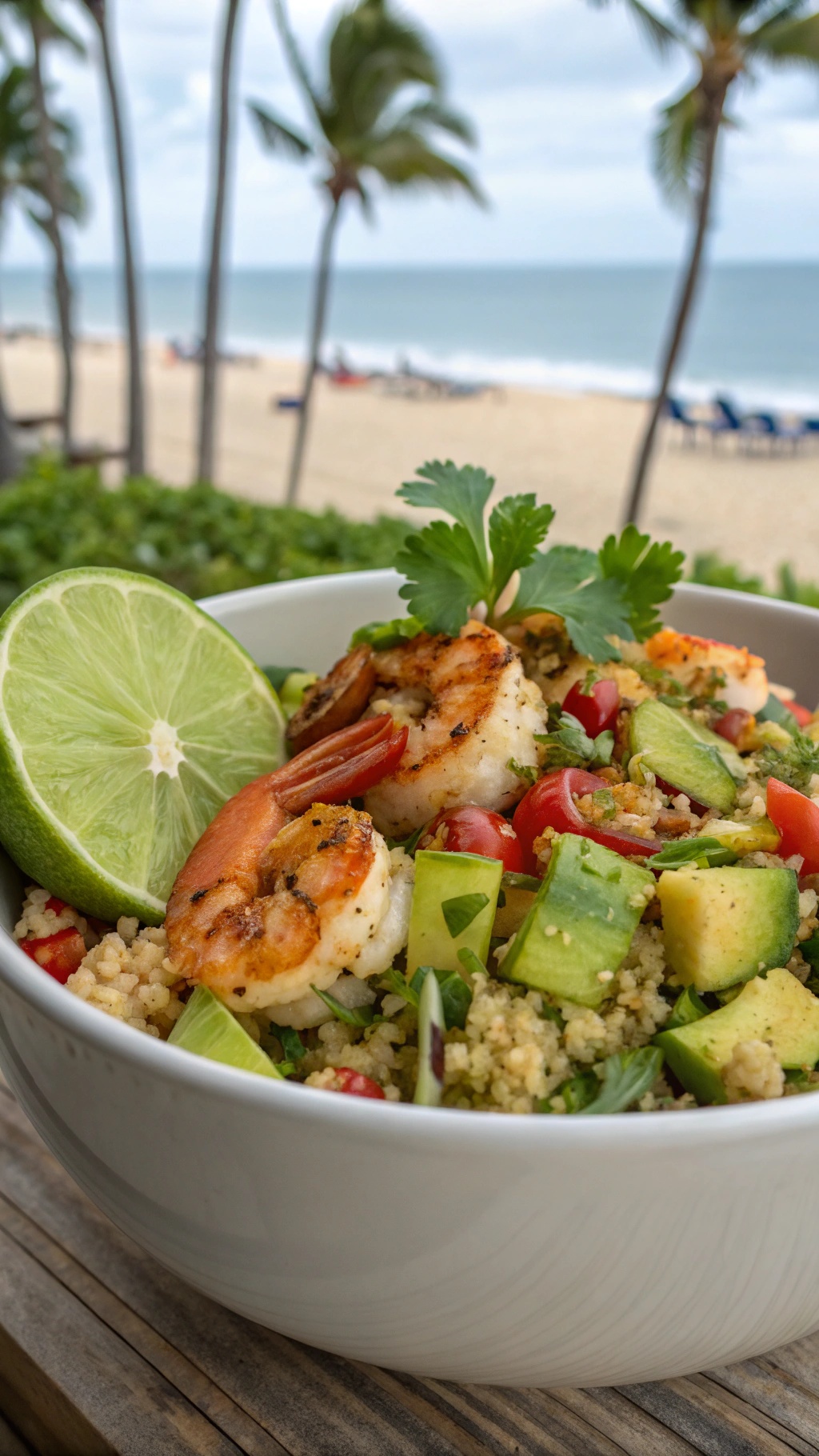 A bowl of cilantro-lime quinoa salad with shrimp, avocado, tomatoes, and lime, set against a beach background.