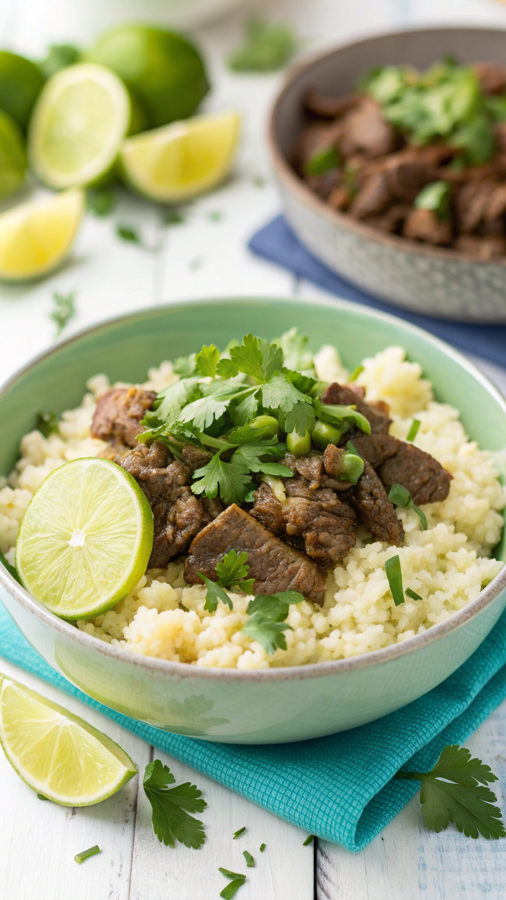 Cilantro lime beef served over cauliflower rice with lime wedges and fresh cilantro.