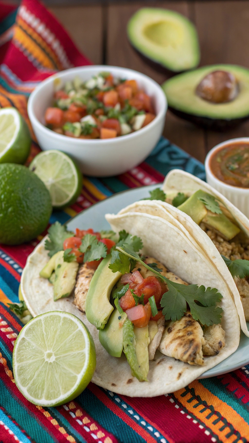 Cilantro lime chicken tacos with avocado, salsa, and lime on a colorful tablecloth.