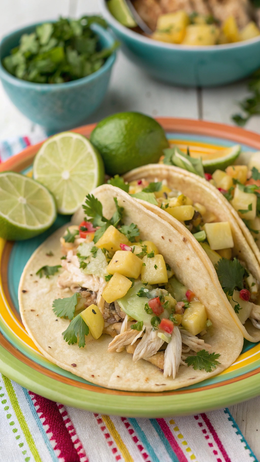 Cilantro lime chicken tacos with pineapple salsa on a colorful plate