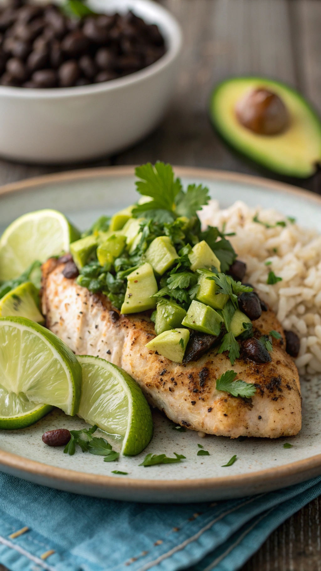 A plate of cilantro lime chicken topped with avocado salsa, served with lime wedges and rice.