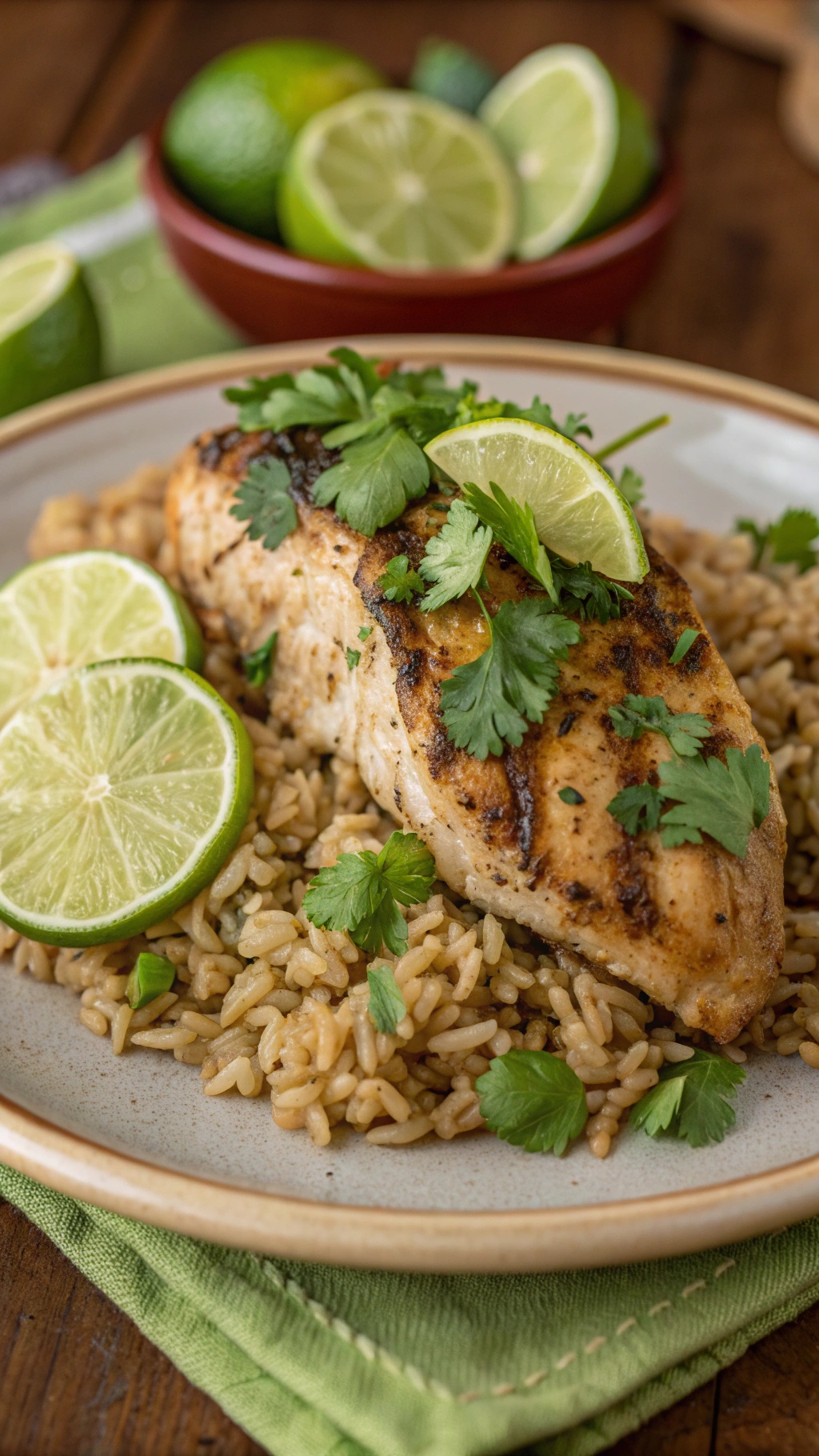 A plate of cilantro lime chicken served with brown rice, garnished with lime slices and fresh cilantro.