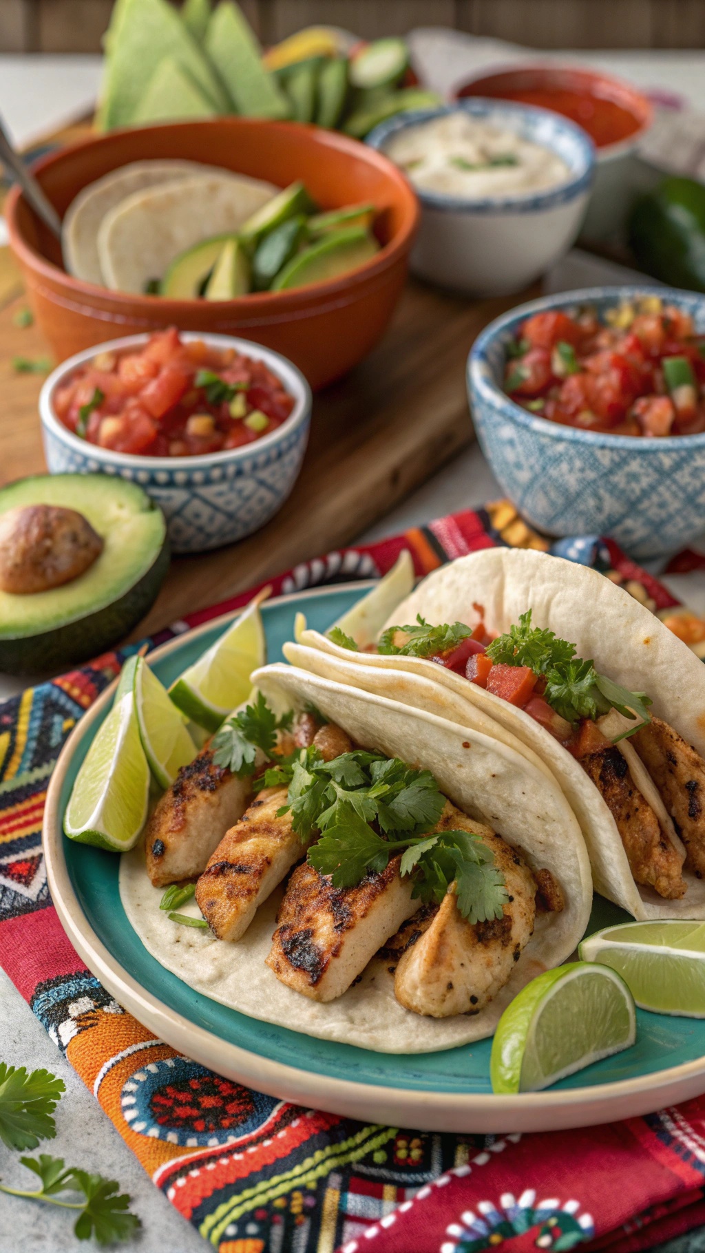 Cilantro lime grilled chicken tacos with fresh toppings and sides