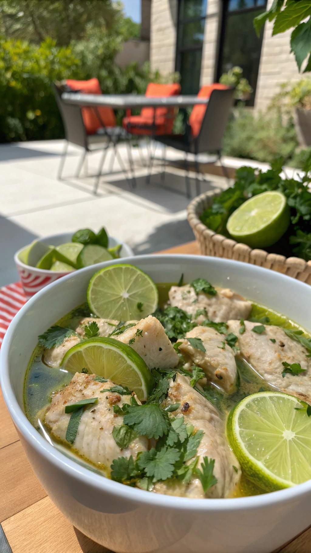 A bowl of chicken marinating in cilantro and lime, with fresh herbs and lime slices around.